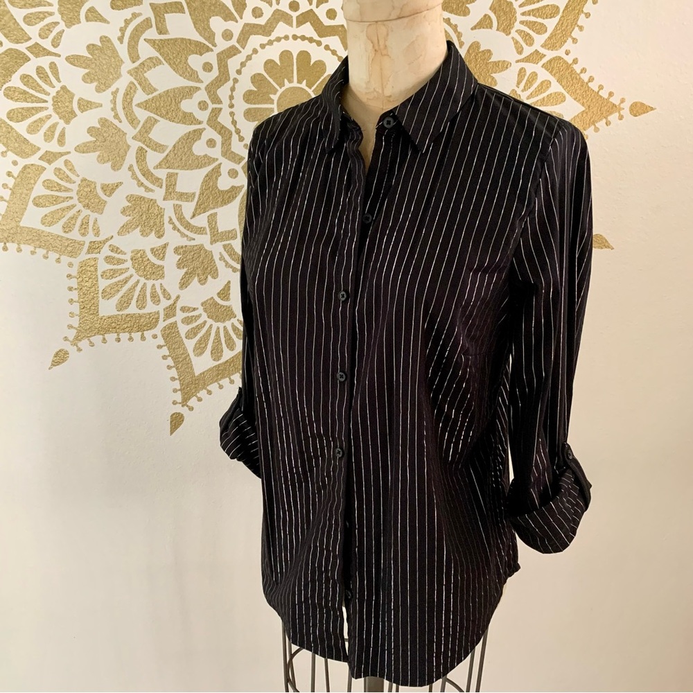 Apt 9 black blouse with silver pinstripe S